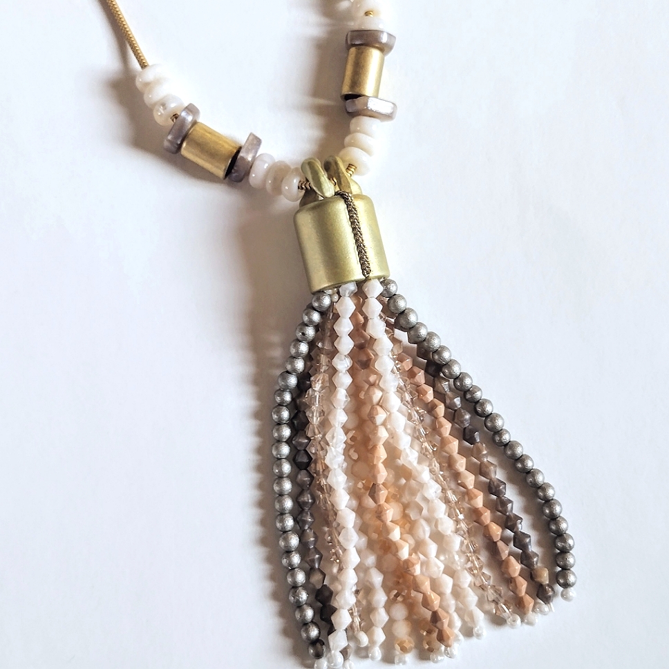 Vintage Designer Howard's Gold Peach Gray Long Tassel Pendant Necklace
